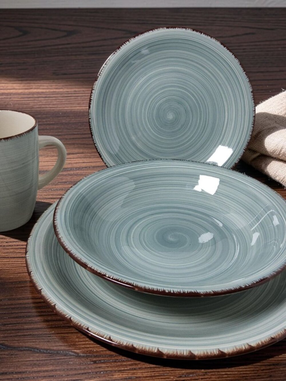 Vintage Royal Norfolk 1980s aqua swirl pattern Brown Edges 4pc. setting ceramic